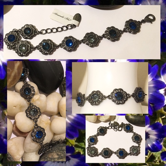 Blue Crystal & Hematite Statement Necklace Earrings Set - Picture 5 of 12